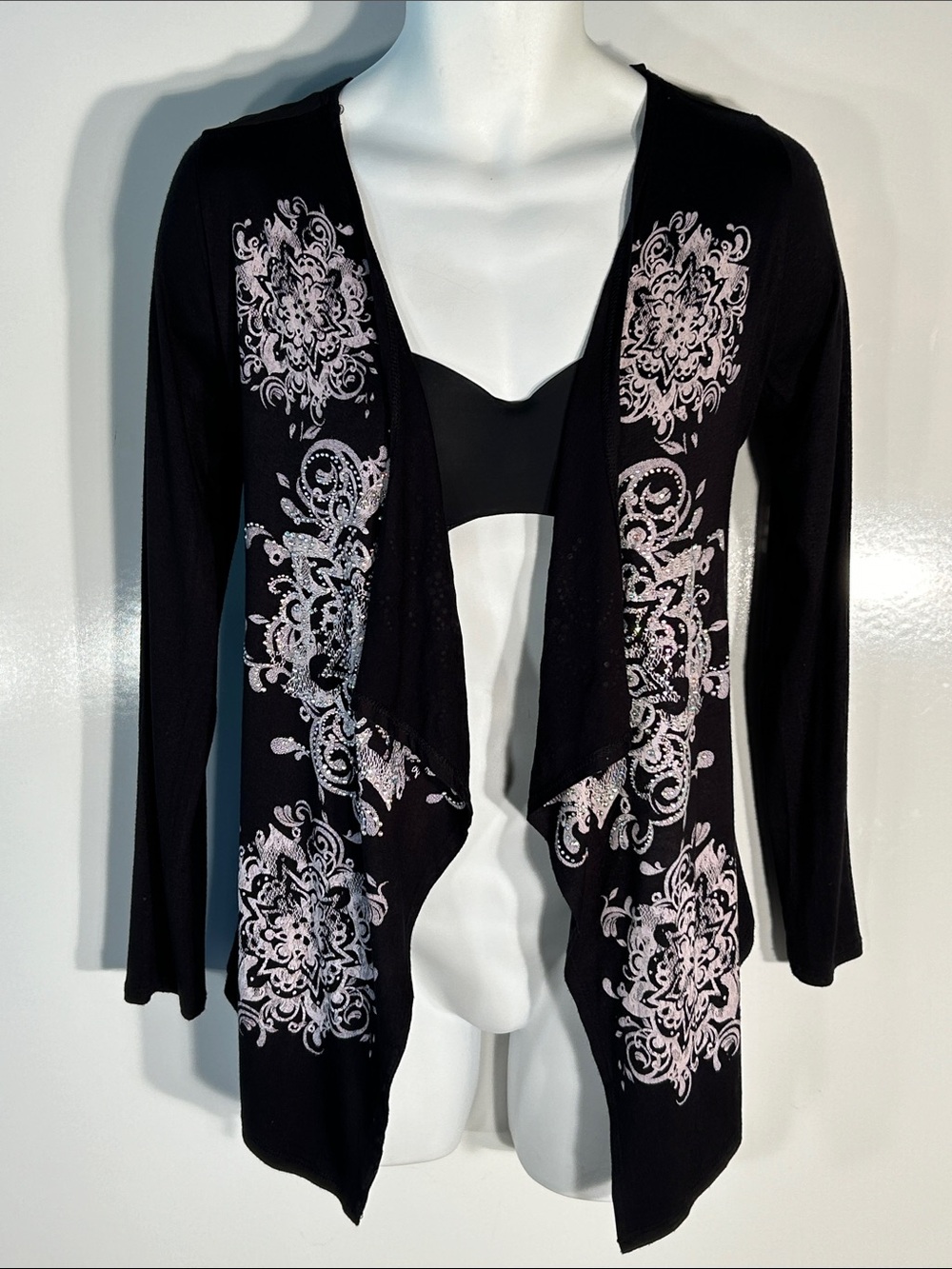Vocal SZM Black & Silver Floral Rhinestone Cardigan Whimsigoth Fairy Grunge Y2K - Picture 2 of 9